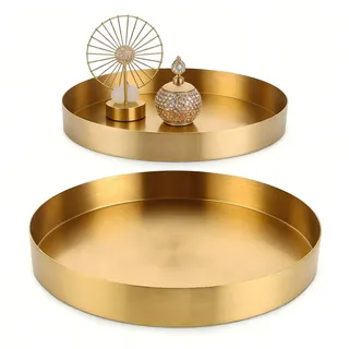 WOPPLXY 2 Stück Deko Tablett Rund, Ø 22 cm + Ø 18 cm Dekoteller Rund, Kerzenteller Gold aus Edelstahl für Kerzen, Kosmetika, Vasen, Teeservice