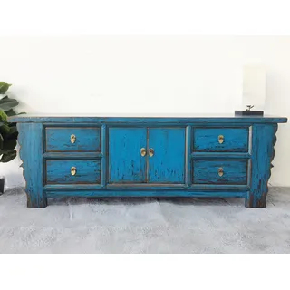 Chinesisches Lowboard Sideboard Kommode Schrank Möbel orientalisch asiatisch Büffet Anrichte blau China Shabby Chic Vintage Holz - Blau