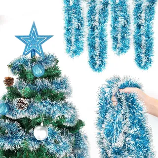 HOWAF 6 x 2M Weihnachtsgirlande Treppe Blau Tannengirlande Lametta Weihnachtsbaum Girlande für Wand Tür Fenster Kamine