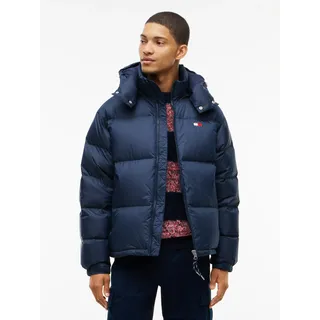 Steppjacke TOMMY JEANS "ALASKA DOWN PUFFER", Herren, Gr. L, blau (schwarz night navy), Web, Obermaterial: 100% Polyester. Futter: 100% Polyester. Füllung: 90% Daunen, 10% Federn, unifarben, regular fit normal, Rundhals, eingesetzt gerader Abschluss, Jacken Steppjacke, Übergangsjacke Regular fit mit abnehmbarer Kapuze