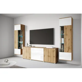 OTTO home Wohnwand OTTO HOME "KENIA", weiß (eichefarben votan, eichefarben votan, weiß hochglanz), B:270cm H:161cm T:34cm, Holzwerkstoff, Kastenmöbel-Sets, Wohnwand, Vitrinen mit Eckverglasung, hängend und stehend montierbar