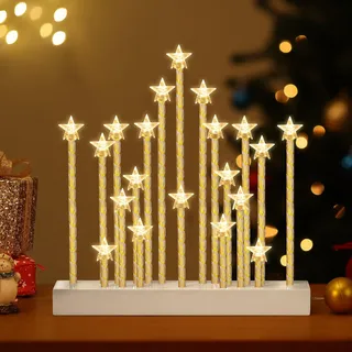 Lewondr Kerzenleuchter Weihnachten, Flammenlos 20 Kerzenlichter, Dekorativ Sternform LED Bogen Weihnachten Holz Weihnachtslichter Fensterbank, USB-betrieben Kerzenbrücke Schwibbogen für Advent, Weiß