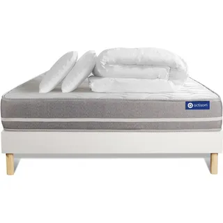 Komplettpaket Bett - Matratze 160x200 cm + Boxspringbett mit Lattenrost (im Set) + 2 Kopfkissen + Bettdecke - Actiflex Touch - Weiß