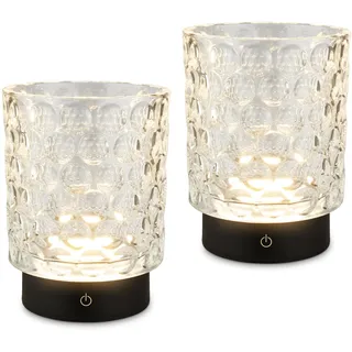 BRILONER - 2er Set LED Tischlampe kabellos, Glaskorpus, Touch, dimmbar | 2er Set, Klar, Nachttischlampe, Dekolampe, Akku Wechselbar, Wohnzimmer, Kinderzimmer, 2W, 150lm, 2.700K, IP44, Lampe