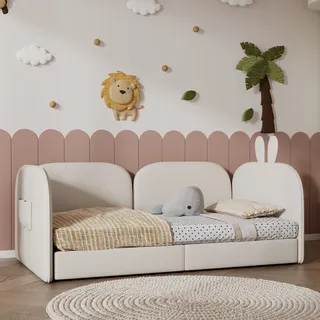 Merax Kinderbett 90x200cm Tagesbett mit Armlehnen und Rückenlehne, Samt Polsterbett mit Kaninchenohren-Kopfteil, Schlafsofa Einzelbett Bodenbett, Beige - Beige