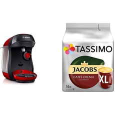 Bosch TAS1003 Tassimo Happy Kapselmaschine, über 70 Getränke, vollautomatisch, geeignet für alle Tassen, kompakte Größe + Tassimo Kapseln Jacobs Caffè Crema + Latte Macchiato + Milka + Probierbox