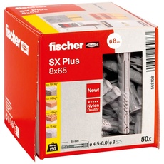 fischer Spreizdübel SX 8 Plus x 65, Schachtel mit 50 Nylondübeln, Dübel für optimalen Halt bei Befestigungen in Beton, Vollziegel, Porenbeton, Hochlochziegel uvm.