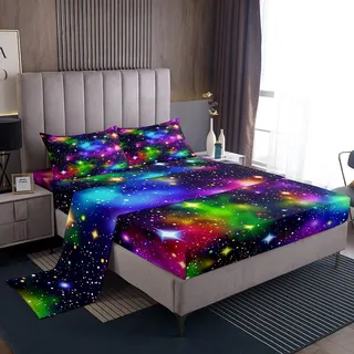 Erosebridal Buntes Galaxie-Spannbettlaken, King-Size, Weltraum-Thema-Set, Sternenhimmel, modern, Traum, Schlafzimmer, dekorativ, 4-teiliges Bettwäsche-Set (1 Bettlaken, 1 Bettlaken, 2 Kissenbezüge),