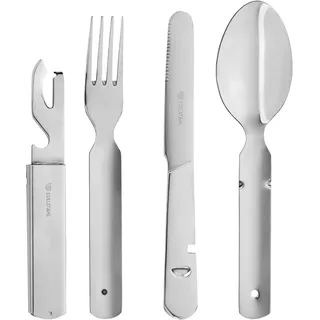 GRÄWE Campingbesteck 4-teilig, Bundeswehrbesteck, Besteckset aus Edelstahl, Outdoor Besteck Set, zusammensteckbar, mit Flaschenöffner, Dosenöffner und Brotmesser