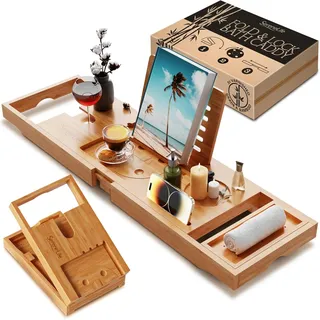SereneLife Badewannenablage Holz – Bathtub Tray – Wasserdichte Badewannentisch als Badewannen Zubehör Wellness, Badewannen Tisch ausziehbar 70-105 cm, Badewannenauflage mit Getränkehalter & Buchstütze