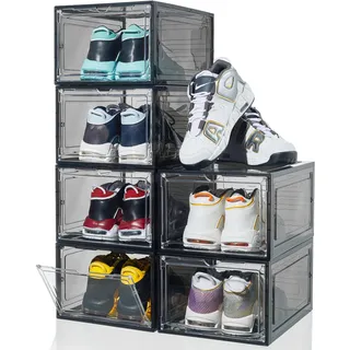 ZLLZUU Schuh-Organizer, Schuh-Aufbewahrungsboxen, 6 Stück, große Schuhboxen mit magnetischer Tür, transparenter Kunststoff, stapelbare Schuhbehälter (schwarz)