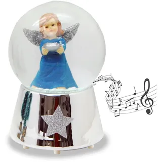 Schneekugel mit Musik | Engel blau mit Schale Silber | Sockel Silber mit Sternen | H: 140mm B: 100mm | Schüttelkugel mit Spieluhr | 20220