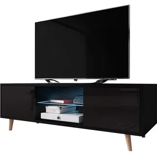 Rivano – TV-Lowboard / TV-Bank / Fernsehschrank (140 cm, Schwarz Matt / Schwarz Hochglanz, mit LED in Blau)