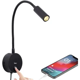 WisHomee Dimmbare Leselampe Wandleuchte mit USB Ladeanschluss, LED Plug-in Wandmontage, Nachttisch Wand Montiert Lampe, Flexible Wandleuchte, Schwarz Fertig