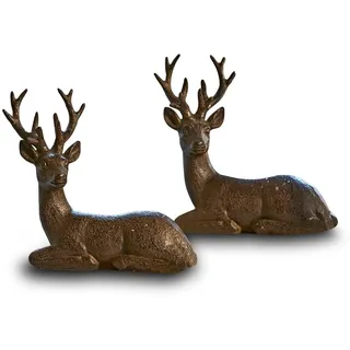 Loberon Hirsch 2er Set Janville, handbemalt, naturnahe Skulptur, Weihnachtsfiguren, Weihnachtsdekoration, Weihnachten, Polyresin, antikbraun