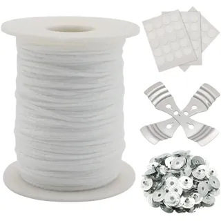 Kerzendochte, 61m Kerzen Dochten mit 2 Metallhalterung 100 Eisenbleche und 60 Double Sided Dots Wick Stickers, Naturkerzendocht für DIY Kerzenherstellung