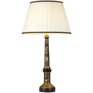 Tischlampe groß Holz Stoff 87 cm hoch Creme Schwarz Gold E27 Tischleuchte