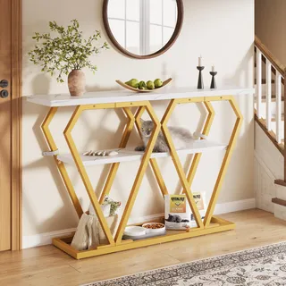 Flieks Konsolentisch mit Marmoroptik-Platte, Küchentisch, Balkontisch 120x29.5x80cm, Weiß - Weiß, Gold