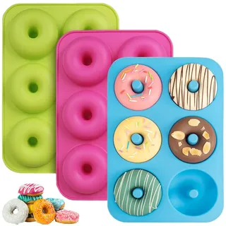 HIKPACKER 3 Stück Donuts Backform Silikon, 6 Hohlraum Donut Backform, Antihaft Donutform Bpa-Frei Donut Form, Donut Formen, Gelten -40 Bis 230 Grad Gut Zum Backen Von Donuts, Grün, Rosa, Blau