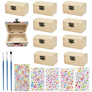 YUNXCNA Holzkiste Klein, 10 Stück Schatztruhe aus Holz, Holz Schmuckkästchen, Bastel Set, Rechteckige Holzkiste, mit 5 Diamant Aufklebern, für Malerei, Dekoration und Kunsthandwerk