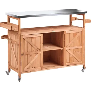 BELIANI Outdoor Kücheninsel Hellbraun Tannenholz Edelstahl 128 x 47 x 85 cm mit Rollen Schrank 2 Türen Gartenküche Outdoorküche - Braun