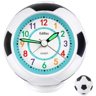 Edillas Wecker Kinder für Mädchen Jungen,Analog Wecker Geräuschlos Ohne Ticken mit Licht Schlummerfunktion Fußball Wecker für Kinder Schlafzimmer Nachttisch Tisch Aufwachenuhr (Schwarz Grün)