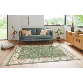 HANSE HOME Nouristan Naveh Orient Teppich – Wohnzimmerteppich Orientalisch Kurzflor mit Fransen, Vintage Orientalischer Samt-Teppich für Esszimmer, Wohnzimmer, Schlafzimmer, – grün, 135x195cm