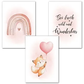 LAVEMA Bilder Kinderzimmer Mädchen | Babyzimmer Poster DIN A3 (30x42cm) Poster Set | Wanddeko Kinderzimmer Deko Fuchs Rosa Wandposter Kinderbilder Wandbilder Tiere skandinavisch | ohne Bilderrahmen