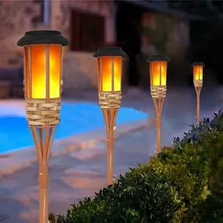 EONANT Blinkende Flamme Solar Licht Solar Outdoor wasserdichte Garten Taschenlampe, schwingende Flamme Outdoor Insel Fackel, handgemachte Bambus Furnier (4 Stück)