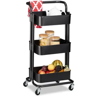 Relaxdays Rollwagen Schwarz 3 Etagen Metall 84x42x37 cm - Metall, Kunststoff , 42x84x37 cm , Esszimmer, Servierwagen
