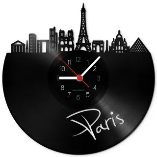 GRAVURZEILE Schallplattenuhr - Skyline Paris - Wanduhr aus gegossenem Vinyl mit Stadt Skyline 30 cm - Upcycling Design-Uhr Wand-Deko Vintage Wand-Dekoration Retro-Uhr - Made in Germany