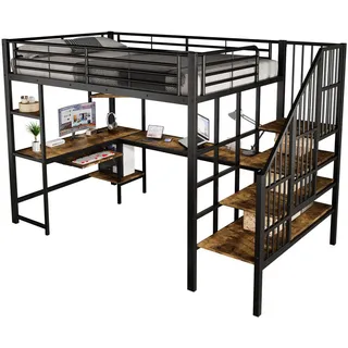 Stilvora Hochbett 120/200 cm in Schwarz & Dunkelwalnuss mit Ladeanschluss, Ecktreppe und Schreibtisch Metall & MDF Design , 120x200 cm , Babymöbel & Kindermöbel, Kinderzimmer & Jugendzimmer, Kinderbetten, Hochbetten