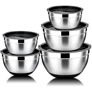 Rührschüssel 5er-Set, HaWare Edelstahl Salatschüssel Schüssel Set mit Luftdichtem Deckel und Rutschfestem Silikonboden, Stapelbar & Vielseitig, Spülmaschinenfest, 6.6L/ 3.5L/ 2.5L/ 1.5L/1L -Schwarz