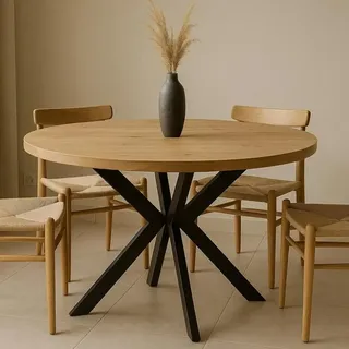 Esstisch rund Ausziehbar, ENDIK Durchmesser: 100/200 cm, mit Metallbeinen, Loft-Stil, Industriel,  Farbe: Eiche Craft Gold / Schwarz - Braun, Schwarz
