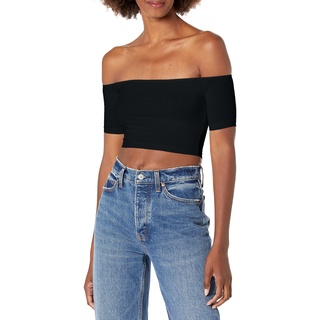 American Apparel Damen Schulterfreies Kurzarm-Top aus Baumwolle und Spandex Hemd, Schwarz, XS