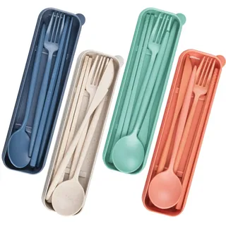 Reisebesteck-Set mit Etui, 4 Stück Tragbare Camping Besteck Mehrweg Set mit Koffer, Wiederverwendbar Kunststoff-Besteck-Set, Reisegeschirr Messer Gabel Löffel Campingbesteck für Picknick Reisen