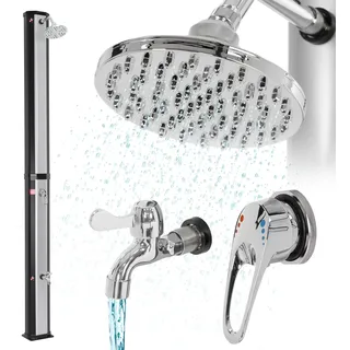 ML-Design Solardusche 35L 217cm eckig mit Fußdusche und Regenduschkopf, Silber-Schwarz, warmes Wasser bis 60°C ohne Strom, mit Gartenschlauch-Anschluss - Silber