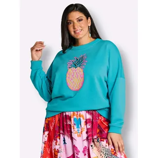 Sweatshirt, Damen, Gr. 56, blau (türkis, pink, bedruckt), 100% Baumwolle, bedruckt, gemustert, Rundhals, Sweatshirts Sweatshirt