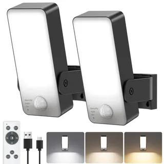 Außenwandleuchte Außenlampe mit Bewegungsmelder, 10000mAh Akku Wandleuchte mit Fernbedienung, 3 Modi 3000K-6000K Timer Led Aufladbare lampe mit bewegungsmelder aussen für Garage, Hof, Haustür-2 Stück