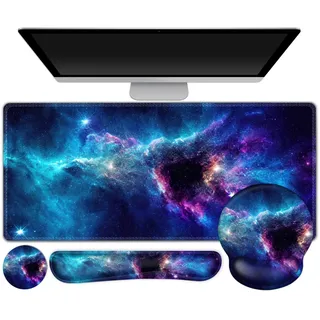 Gaming-Mauspad, große Schreibtischunterlage, niedlicher Schreibtischunterlage, 4-in-1 XXL-Mauspad + Tastatur-Handgelenkauflage + Maus-Handgelenkauflage + Untersetzer-Set mit ergonomischer