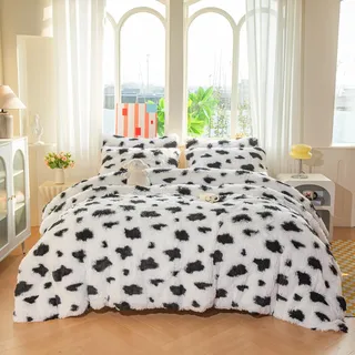 chovy 3-teiliges Bettwäsche-Set mit Kunstfell, Batikdruck, Kuh-Druck, 3-teilig, ultraweich, Plüsch, Flanell, Samt, flauschig, flauschig, flauschig, flauschig, flauschig, 3-teilig