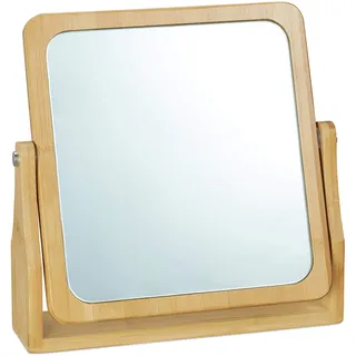 Relaxdays Kosmetikspiegel, 360° schwenkbar, eckig, stehend, zum Schminken, HBT 27x26,5x7 cm, Tischspiegel, Bambus, natur
