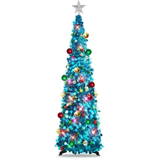 Künstlicher Weihnachtsbaum Mit Beleuchtung,5Ft Blau Tannenbaum Künstlich | 8 Licht-Modi. Einfache Montage. Zusammenklappbarer Pop-up Christbaum Mit 30 Weihnachtskugeln, Sternspitze, Weihnachtsdeko