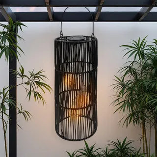 3.07 Solarlampe mit 3 Glühbirnen zum hängen oder stellen - ca. 47 cm - Garten Deko Lampe in schwarz (groß) - Schwarz