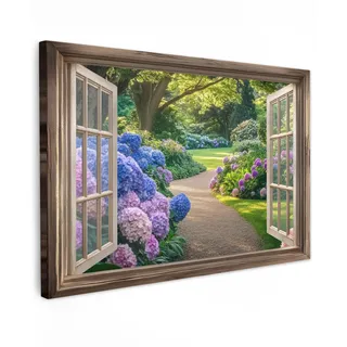 MuchoWow Leinwandbild Aussicht - Garten - Fenster - Hortensie - Blumen Wanddeko 90x60 cm , Pastellblau , Textil , Rechteckig , 90x60 cm , FSC 100% , gerahmt , Bilder & Rahmen, Bilder, Leinwandbilder