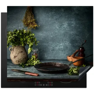 MuchoWow Herdabdeckplatte Kräuter - Gewürze - Pfanne - Messer - Grau - Rustikal 59x52 cm , Kunststoff , Rechteckig , 59x0.2x52 cm , Made in Europe , Küchen, Küchenelektrogeräte, Herde, Herdabdeckplatten