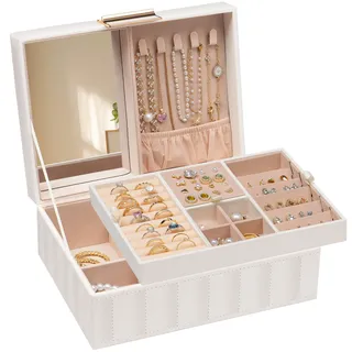 HOOBRO Schmuckkästchen, Schmuckkasten mit 2 Ebenen, Schmuckaufbewahrung, Schmuckbox, mit herausnehmbarem Tablett, PU-Kunstleder mit Nähten, für Ohrringe, Halsketten, Armbänder, Ringe, Weiß EWT15JB04G1