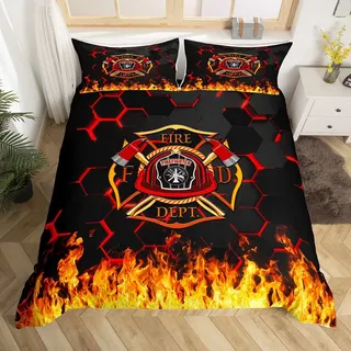 richhome Feuerwehr Kinder Bettbezug Set 135x200,Feuerwehr LKW Werkzeug Flamme Bettwäsche Set, geometrische Waben Hexagon Tröster Abdeckung, rot schwarz Quilt Cover, 1 Kissenbezug