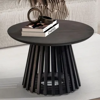 FineBuy Couchtisch Mango Massivholz rund Ø 60 cm Schwarz · Moderner Wohnzimmertisch Handgefertigter Sofatisch Fächer Japandi Design - Schwarz