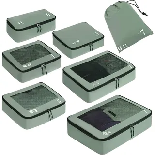 ecohub Packwürfel für Koffer, 7 Stück, Reise-Organizer, Packtaschen, recyceltes PET, umweltfreundlich, Reisezubehör, Schuhtaschen für Reisen, Aufbewahrungstasche, Gepäck-Organizer, Reisetasche(Grün)